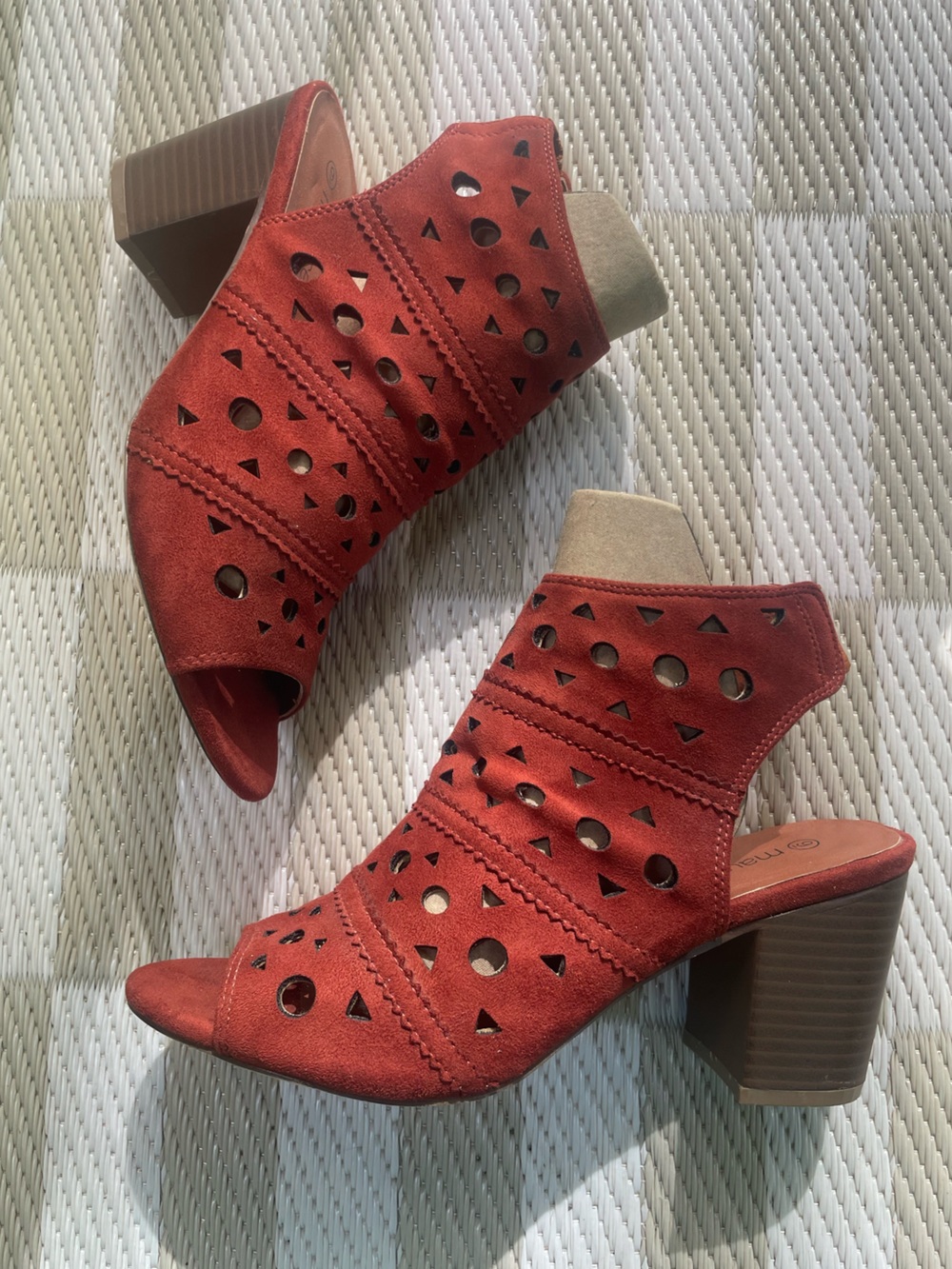 Red Suede Cutout Block Heel Sandals